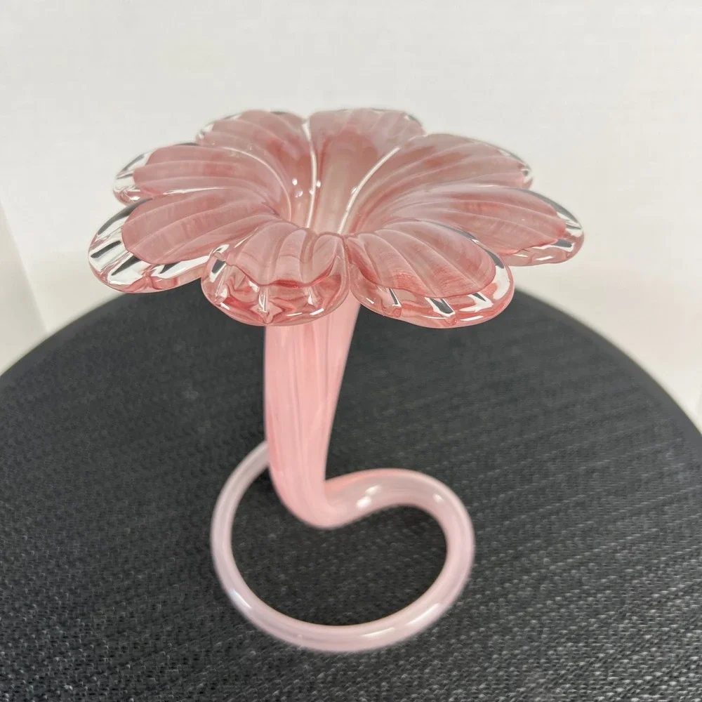 90s Pastel Pink Swirl Floral Art Glass Bud Vase Hand Blown Ruffled Flower Petals